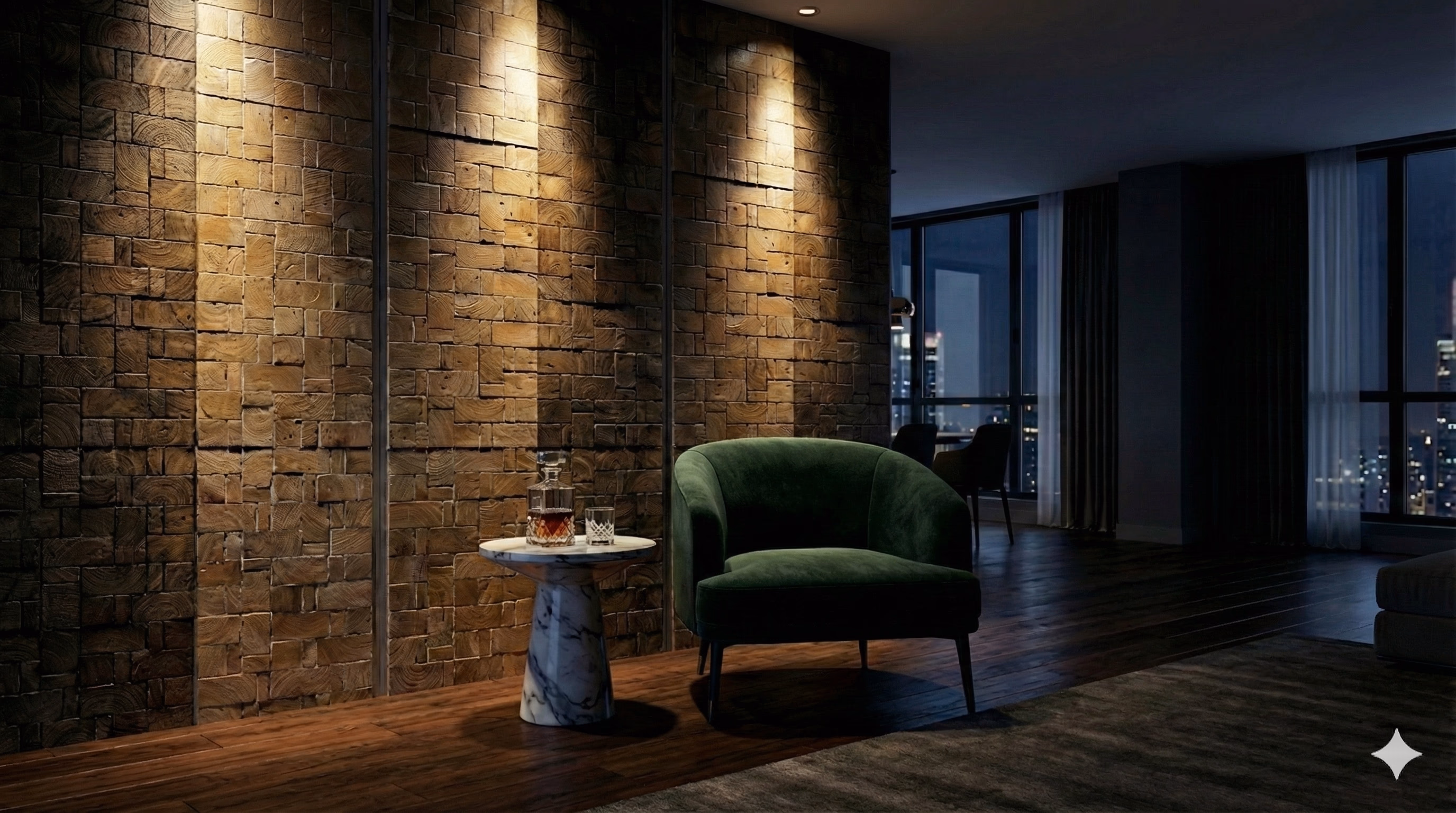 Teak wall panels and flooring installed in a luxury villa interior