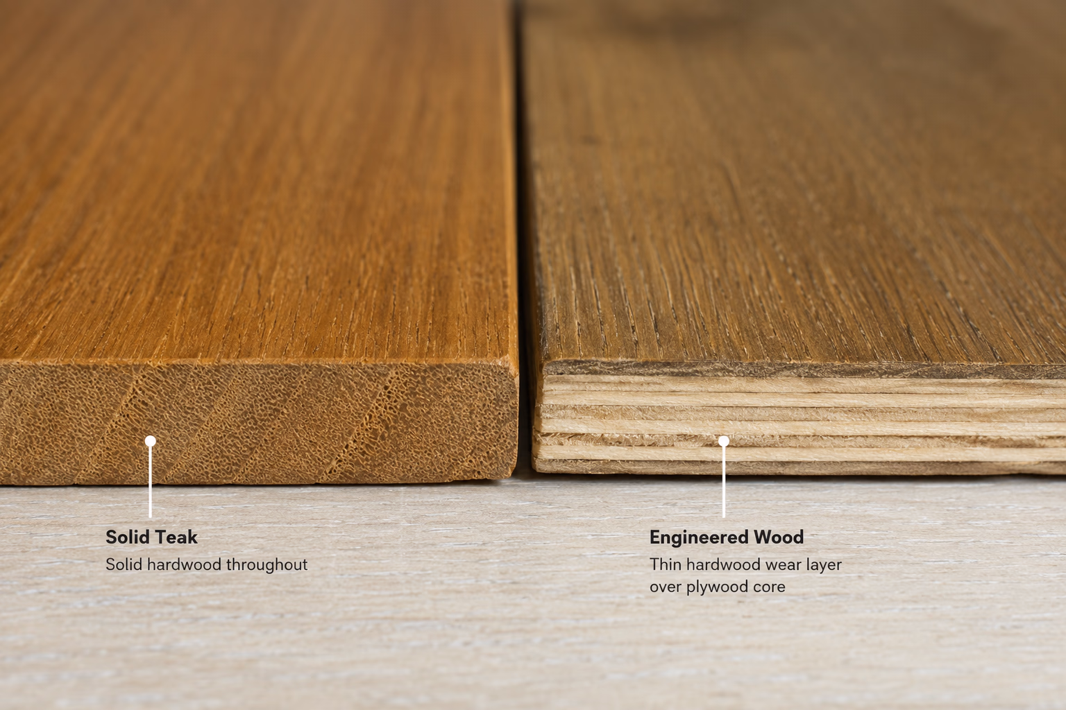 Side-by-side comparison of solid teak and engineered wood flooring cross-sections