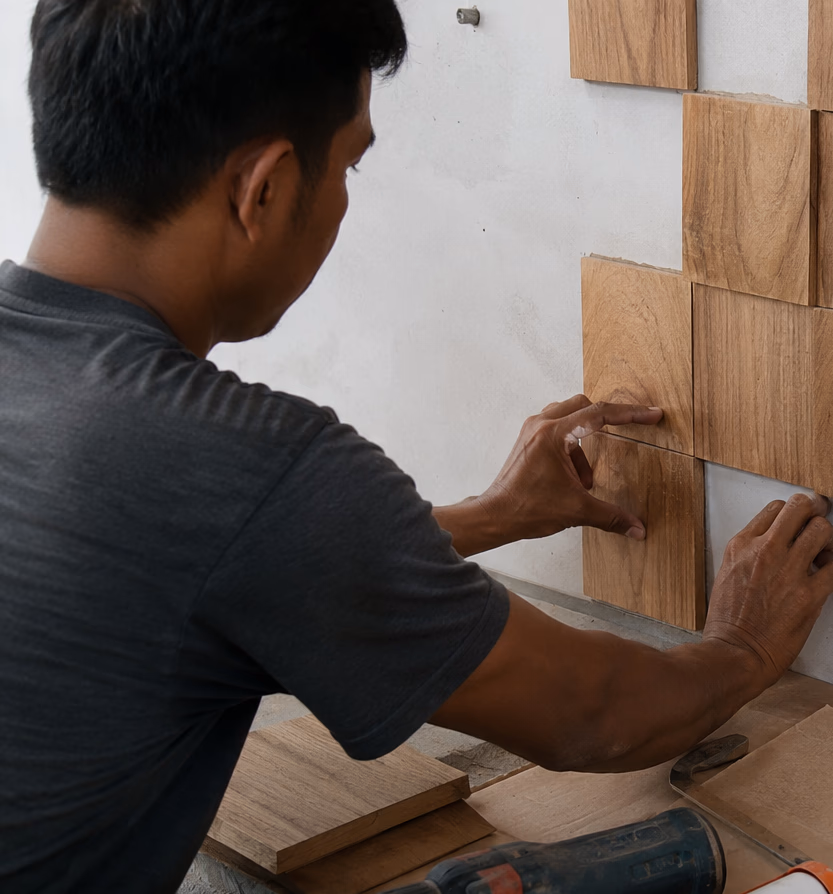 Installation tools and teak wall panels prepared for mounting